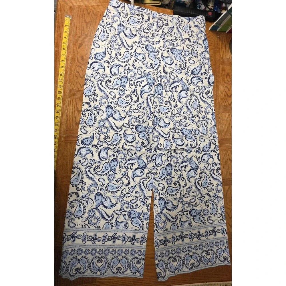 Zara Wide Leg Linen Pants Paisley Blue And White Size XL